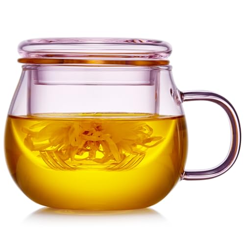 DOPUDO 11oz Pink Glass Tea Cup with Infuser and Lid– Versatile and Elegant Gift for Women, Perfect for Loose Leaf Tea and Other Beverages. - size: 11OZ