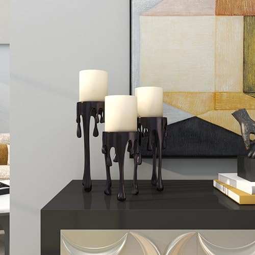 CosmoLiving by Cosmopolitan Aluminum Metal Decorative Candle Holder Pillar Candle Stand with Dripping Melting Designed Legs, Set of 3 Candlestick Holder 12", 10", 8"H, Black - color: Black