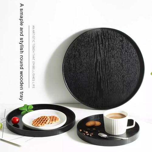 River Round Wood Serving Tray, Solid Wooden Decorative Tray Non-Slip Tea Coffee Table Tray Snack Plate Food Meals Serving Tray with Raised Edges for Home Decor Kitchen Restaurant(11.8inch/30cm, Black) - size: 11.8"