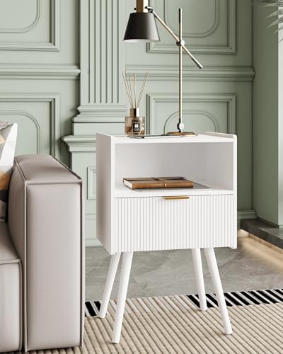 Veegle Nightstand,Modern Bedside Table with Storage Drawer and Open Wood Shelf, Accent Night Stand with Solid Wood Legs for Living Room, Bedroom and Small Spaces,Easy Assembly (White) - color: White