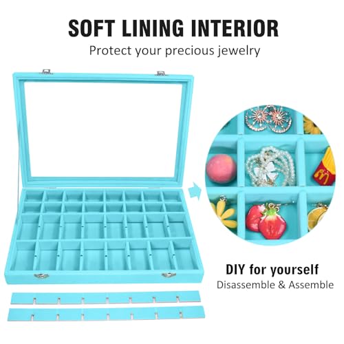 Vicoter Velvet Jewelry Tray 48 Compartments Jewelry Display Organizer with Transparent Cover Rings, Earrings, Necklaces, Pendants Storage Box for Girls, Wives, Mothers, Women - color: Light Blue, size: 48 Grid