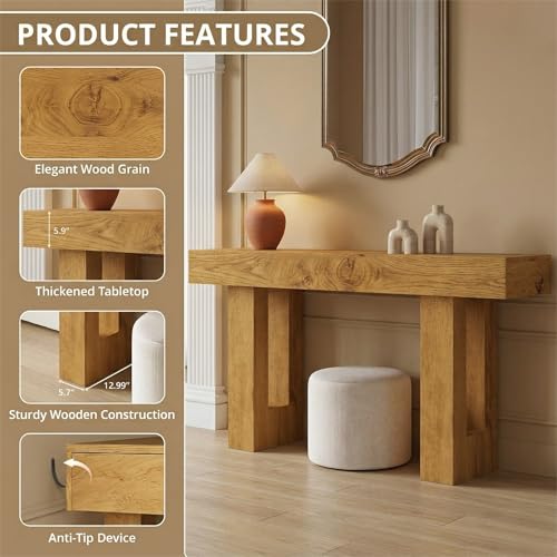 FURSUN 63" Farmhouse Console Table with Drawers, Narrow Sofa Table Behind Couch, Slim Entryway Table with Storage for Hallway, Living Room, Natural Oak - color: Natural Oak