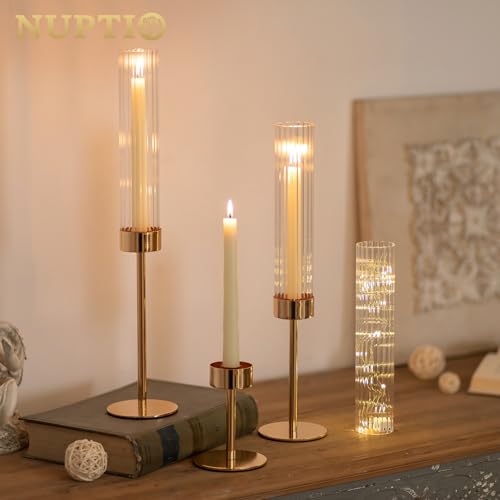 NUPTIO Hurricane Glass Candles Holder: 18 Pcs Gold Taper Candle Stick Holder Bulk - Modern Candlestick Decor with Tall Ribbed Chimney Sleeve for Thanksgiving Christmas Centerpiece - color: Ribbed, size: 18pcs