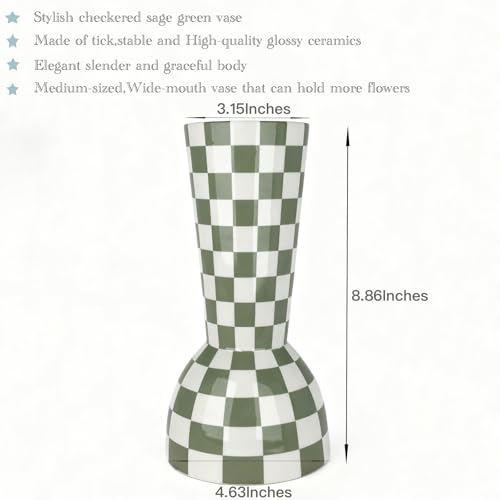 Sage Green Checkered Vase, Aesthetic Modern Ins Cool Flower Vases for Home Decor, Entryway Table, Centerpieces Decoration for Kitchen, Living/Dining Room, Bedroom, Bathroom, Coffee Tables (Ceramic) - color: Sage Green