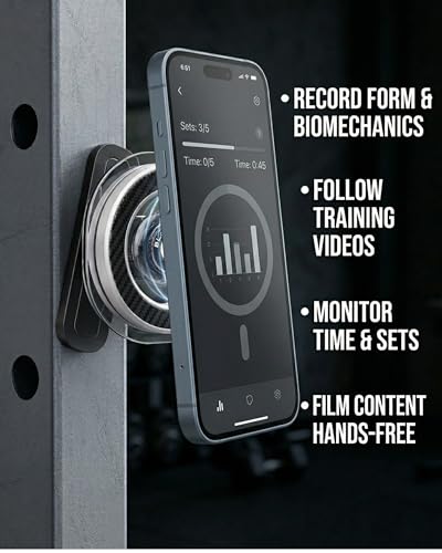 BLAUBECK Magnetic Gym Phone Holder for MagSafe & Android | Carbon Fiber Face + Transparent Acrylic Disc | Ball Joint 360° Mount for Squat Racks, Golf Carts & Metal Equipment | Metal Ring Included