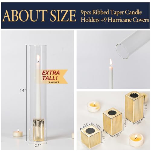 LETINE 14" Tall Hurricane Candle Holders with Gold Ribbed Taper Candle Holders Set of 9– Bulk Windproof Taper Candle Hurricane Glass for Outdoor&Indoors Wedding Centerpiece, Event & Home Decor - color: Gold, size: 14H"-9pcs+9pcs Taper Holder1.57"/2.36"/3.