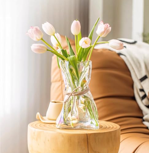 FOWSEEK 6 Inch Small Glass Flower Vase, Irregular Clear Flower Vases for Centerpiece Table Indoor Desk Decor, Modern Art Decorative Vase for Home Office Wedding Bookshelf Housewarming Gift - color: Colorful, size: Small