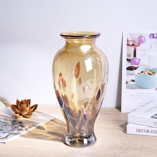 Hand Blown Glass Vase 11.8" Tall Beautiful Amber Gold Sea Wide Mouth Bud Vase for Table Centerpiece, Painted Colorful Murano Glass Flower Vases for - Home Entrance Wedding Center - color: Electrum