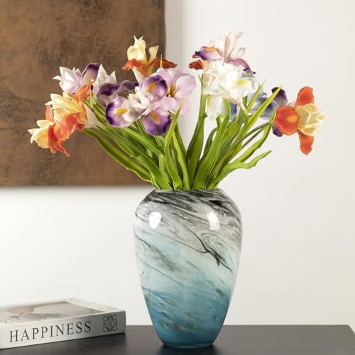 11" H Teal Glass Vases for Flowers, Unique Hand Blown Glass Vase Blue Home Decor, Wide Mouth Colorful Flower Vase Centerpieces, for Living Room Table Bookshelf, Bathroom Office Shelf Decorative