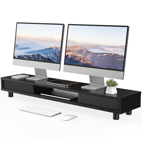 Fenge Dual Monitor Stand, 42.5inch Long Monitor Stands Riser for 2 Monitors, Sliding Door with Storage Organizer Stand for Desk, 2 Tier Desk Shelf for Laptop, Pc, Printer, Computer, TV - color: Black