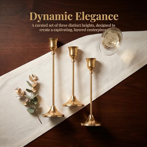 Brass Taper Candle Holders 2 Sets(6 Pcs) - Tall Metal Candlestick Holders for Table Centerpiece, Formal Dinner, Wedding, Fireplace Mantel Decor, Fits 3/4 Inch Thick Candles - color: Brass