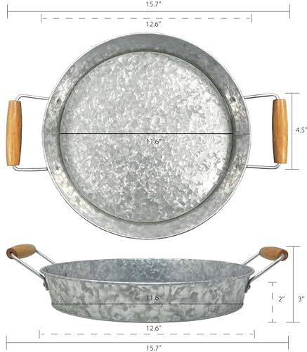 Round Metal Tray with Wooden Handle, Modern Industrial Style, Sleek Rustic Storage Display Coffee Table Home Decor Tray (Clear)