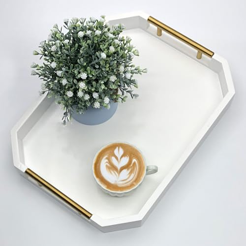 Serving Tray with Polished Metal Handles, Hexagon Coffee Table Tray, Modern Rectangle Decorative Tray, Large Ottoman Tray, Perfect for Storage and Display (White Rectangle) - color: White Rectangle