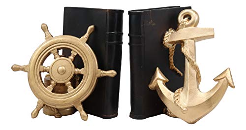 Ebros Nautical Coastal Marine Home Decor Ship Anchor and Captain's Helm Wheel Bookends Pair Set Statue 7.5" Tall in Gold Finish Decorative Office Study-Room Library Desktop Figurines