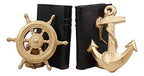 Ebros Nautical Coastal Marine Home Decor Ship Anchor and Captain's Helm Wheel Bookends Pair Set Statue 7.5" Tall in Gold Finish Decorative Office Study-Room Library Desktop Figurines