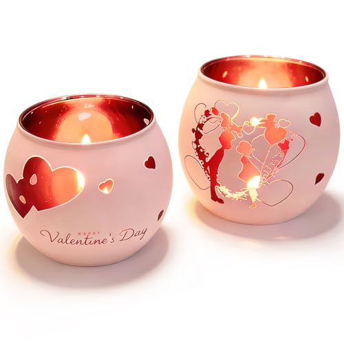 Heart Glass Tea Light Candle Holders, Votive Tealight Holder Table, Love Centerpiece Decorations for Valentines Wedding Party Decor (Pink-2) - color: Pink-2