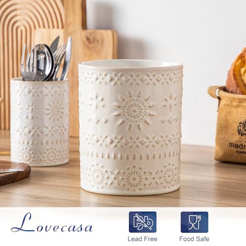 LOVECASA Utensil Holder, 7.2"+5.4" Ceramic Utensil Holder for Countertop, Large Cooking Utensil Crocks for Kitchen Counter, Farmhouse Utensil Vase for Housewarming, Kitchen Decor, Set of 2, Oasis - color: Oasis, size: 7.2"+5.4" (Set of 2)