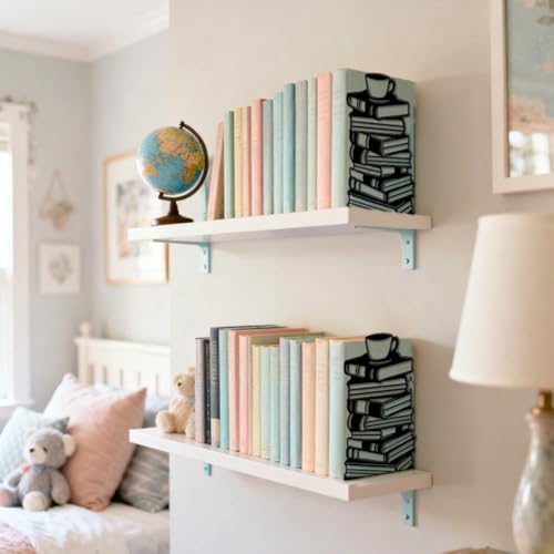 Peacoblue Metal Bookends for Shelves, Modern Decorative Heavy Duty Study Book Ends Stoppers for Office, Desk, Shelf, Room 5.3"x4.3"x7.9" Cast Iron Simple Tall Bookends 1 Pair (Book Stacks and Teacup) - style: Book Stacks and Teacup