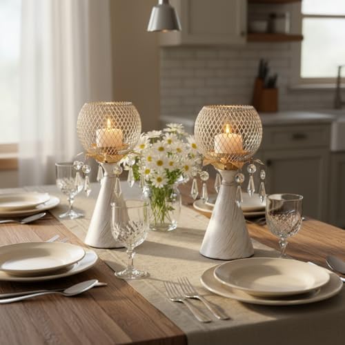 White Gold Metal Mesh Candle Holder with Crystal Pendants, 9.0" Decorative Pedestal Design, Diamond Globe Top, Matte Finish, Candlestick for Home and Holiday Decor & Valentine's Day - color: White