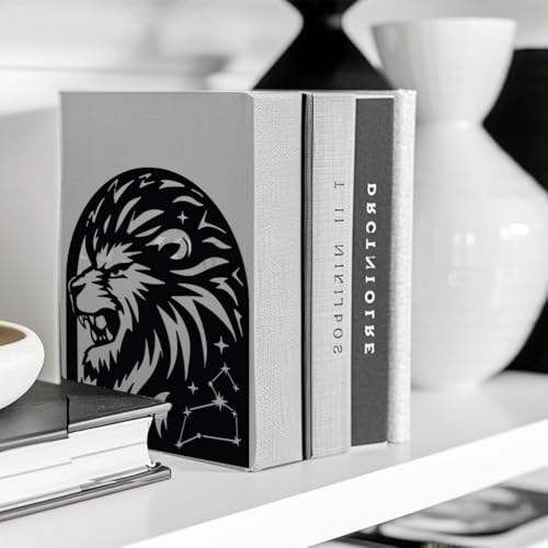 Peacoblue Metal Bookends for Shelves, Modern Decorative Heavy Duty Study Book Support Stoppers for Office, Desk, Shelf, Room 5.3"x4.3"x6.3" Cast Iron Simple Tall Bookends, 1 Pair (Leo Constellation) - style: Leo Constellation