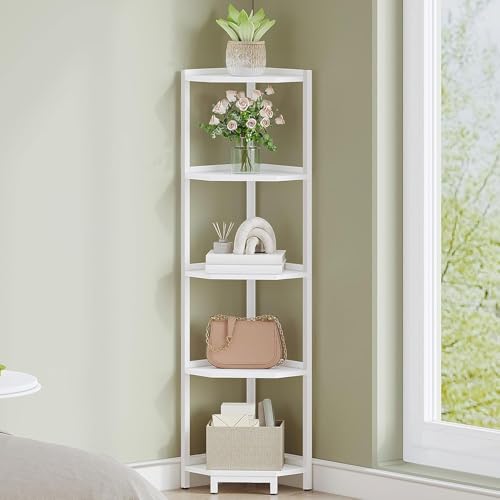 Hzuaneri Corner Shelf Stand, Corner Bookshelf, Storage Standing Shelf Unit with Metal Frame, Plant Stand, Bookcase for Living Room, Home Office, Bedroom, 5-Tier White CS05913W - color: White, size: 5 Tier