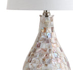 JONATHAN Y 20.5" Seashell Coastal Mini LED Table Lamp for Living Room Office, White Linen Drum Shade, Modern Mother of Pearl Bedside Nightstand Lamp, LED Bulb Included JYL1024A - color: Seashell