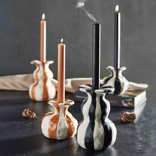 47th & Main Candle Holder for Taper Candle Striped Ceramic Candlestick Candleholder, 4" Dia x 6.5" H, Black/White - color: Black/White, size: 4" Dia x 6.5" H