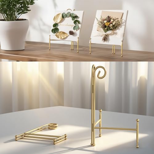 Display Stand for Plate, Foldable Metal Plate Stand for Table, Decorative Easel Holder for Picture Frames, Photos, Wedding Cards, Sign Posters, Cavas, 6-inch Gold