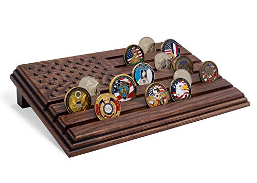 TESLYAR 6 Rows Military Challenge Coins Display Stand - Wooden Holder for 30-36 Coins - Solid Wood Display Rack for Desk - Army Collectible Challenge Coin Display Case - American Flag Design (Brown) - color: Brown
