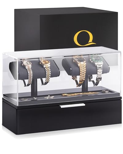 QWATCH Watch Stand Display Case - Acrylic Watch Box for 2 or 4 Watches with Jewelry Valet Tray and Drawer - color: Double - Black / Charcoal