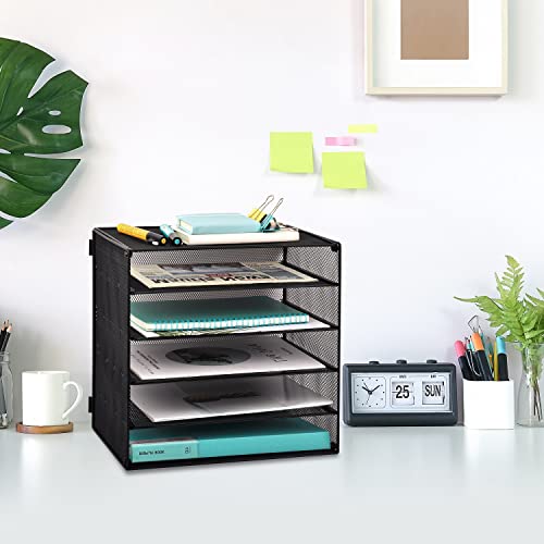 EASEPRES 5 Slot Mesh Desk Organizer Tray, File Paper Letter Folder Holder Desktop Paper Sorter Mail Organization Rack Storage Accessories, for Office Home School Classroom, Black - color: 5 Tier Black