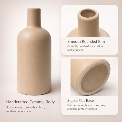Ceramic Vase Set of 4 – Handmade Boho Neutral Farmhouse Pottery Vases for Pampas Grass, Modern Dried or Fresh Flowers, Decorative Vases for Living Room, Table, Shelf & Entryway