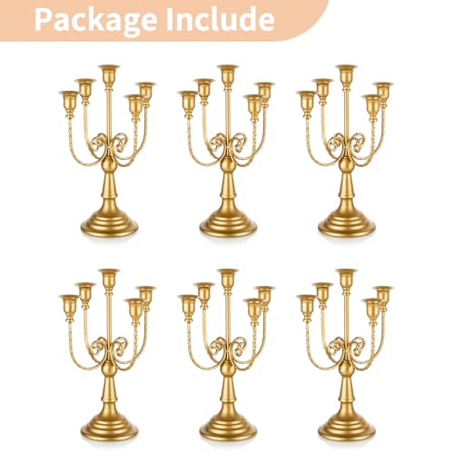 NUPTIO Candlestick Holders for Taper Candles: Gold Vintage Candelabra Bulk for Candle Sticks - 5 Arm Brass Candleholders Set of 6 for Party Fireplace Table Centerpiece - color: 5-arms Gold, size: 6 Pcs