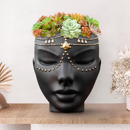 Head Planter - Indoor & Outdoor Home Decor Gifts for Plant Lovers - for Flat Surface or Wall Mount - Unique Face Planter for Flowers, Succulents, & More (7 inch, Serena Design, Black) - color: Serena Black