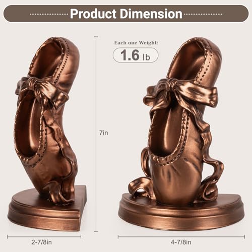 Bookends for Shelves, Ballet Slipper Decorative Bookends - Book Ends with Anti-Slip Pad for Book Lovers Dancers Heavy Book Holder for Home Office Decor (Bronze) - color: Bronze