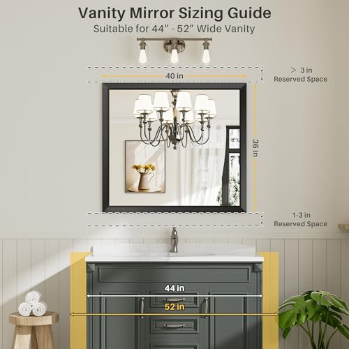 Briivue 40x36 Inch Black Bathroom Mirror for Wall, Thick Metal Framed Rectangle Mirrors for Over Sink, Bedroom, Living Room, Entryway, Anti-Rust, HD Tempered Glass - color: Black, size: 40"L x 36"W