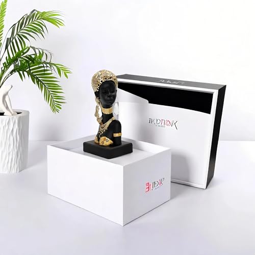 African Woman Resin Bust Sculpture with Crystal Earrings – Tribal Lady Figurine in Gold Headdress for Home Decor, Black and Gold Accent Statue for Shelf, Table, Office, Gift for Women - color: 317gold