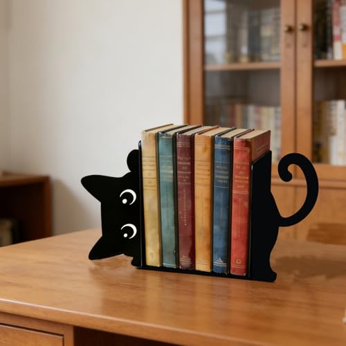 Peeping Cat Metal Bookends, Funny Bookends for Shelves Decorative, Home Office Desk Cute Book Ends Reading Bookshelf Decor for Cat Lovers, Book Lovers Gift - style: Peeping Cat