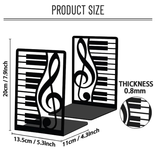 WADORN 1 Pair Piano Musical Notes Metal Decorative Bookend for Shelves, Heavy Duty Book Ends Non-Skid Books Holder Stand Black Book Support Stoppers for Music Books Desk Office Home, 5.3x4.3x7.9 Inch - color: Piano Musical Notes