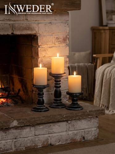 Wood Pillar Candle Holder: 3Pcs Rustic Black Candle Holders for Pillar Candles Wood Candle Holders Distressed Wooden Farmhouse Candle Holder Large Rustic Candle Holder for Fireplace Table - color: Black, size: 3.94", 5.9", 7.87"