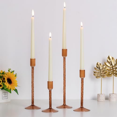 Hewory Glass Taper Candle Holders: 4 Pcs Brown Vintage Candlestick Holders Tall Candle Sticks Holder Decor, Glass Candle Holder for Table Centerpiece Wedding Christmas Advent Holiday Party Decorations - color: Brown