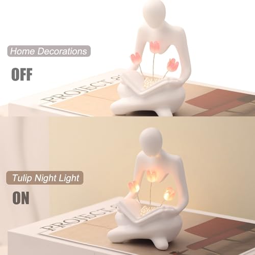 Reading Sculptures Tulip Lamp,Thinker Statue Figurine Battery Powered Night Light,Modern Abstract Home Decoration, Living Room Bookshelf Office Shelves Desk Decor,Aesthetic Gift