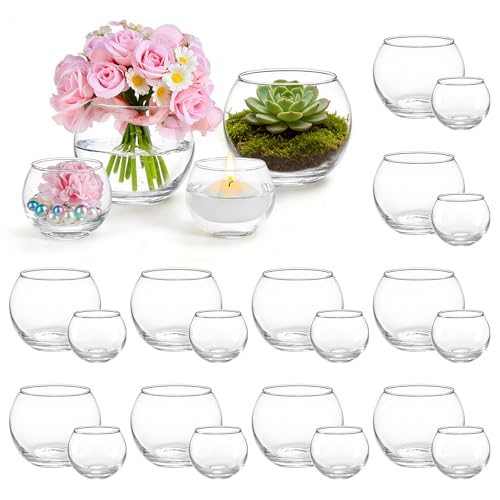 24 Pack Glass Small Bubble Vases, 4" W x3''H Clear Bowl Vases 12 Pcs, 2.6" W x2''H Round Candle Holders 12 Pcs, Mini Globe Vase Centerpiece for Wedding Party Home Decor