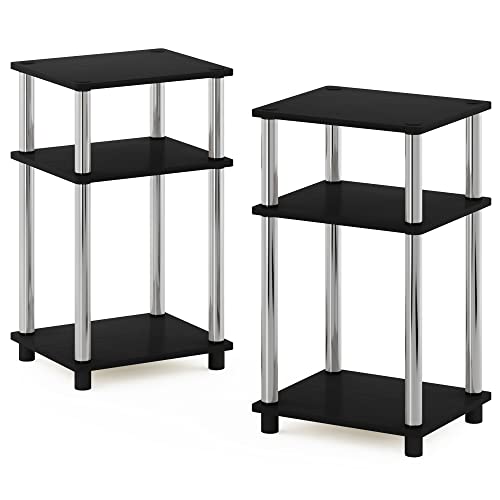 Furinno JUST Side Table Set of 2, 3-Tier Modern End Tables, Open Shelves Night Stand, Nightstand, Toolless Assembly, for Living Room, Bedroom, Americano/Stainless Steel - color: Americano/Chrome, size: 3-Tier, Round Pole, style: 2-Pack