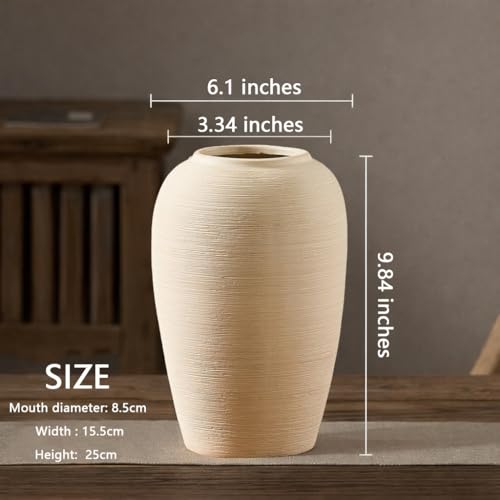 Beige Textured Ceramic Vase (9.8in Tall) - Boho Minimalist Rustic Vase with 3.4in Opening, Neutral Home Decor Vase for Fresh/Dried Flowers, Living Roo - size: 9.8in