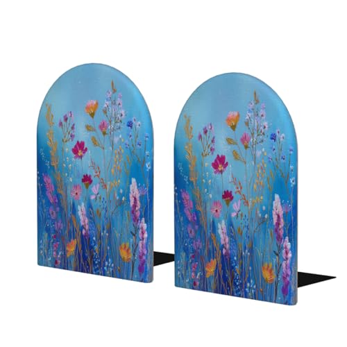 Wood Book Ends for Shelves Wildflowers On Blue Floral Art Bookends for Heavy Books CDs Organizer Decorative Wooden Book Stopper Holders for Home Office Desk,6.7x4.2x4in,Set of 2 - size: 6.7x4.2x4in