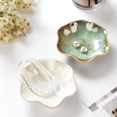 JAMEND CLXP 2PCS Ring Holder Dish, Small Key Bowl, Ceramic Trinket Tray Jewelry Dish Organizing Necklace Earrings for Mom Friend Sister, All Jewelries Are NOT Included. Crystal Green. - color: Crystal Green -2PCS