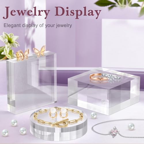 SAMYUCHO Acrylic Base Stand 2 Pieces Acrylic Blocks for Display 4 X 4 X 1 Inch Clear Polished Block Square Cube Riser Display Pedestal Stands for Jewelry Perfume Ring Collection Props Cake