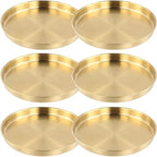 6 PCS Gold Tray Serving Platter, 9.8 Inches Round Gold Decorative Trays, Stainless Steel Coffee Table Tray, Vanity Jewelry Makeup Organizer, Countertop Tray for Bathrooms, Cafes, Restaurants