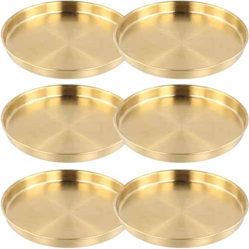 6 PCS Gold Tray Serving Platter, 9.8 Inches Round Gold Decorative Trays, Stainless Steel Coffee Table Tray, Vanity Jewelry Makeup Organizer, Countertop Tray for Bathrooms, Cafes, Restaurants